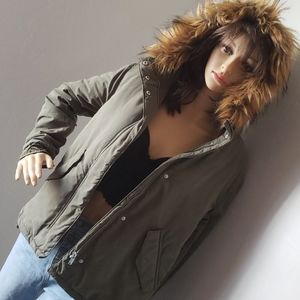 NWT H&M Divided Army Green Faux Fur Hooded Jacket